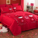 特色结婚礼物婚庆大红色全纯棉四件套可爱大花朵被套床单床上用品