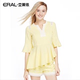 艾莱依2016春装新款专柜正品女式五分袖V领雪纺衫ERAL31007-ECAA