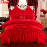 婚庆韩式公主刺绣花蕾丝床盖床裙四件套六八公主粉大红结婚1.8米