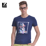 利郎L2男装 2016春季新品 男士时尚卡通图案 蓝色修身短袖T恤