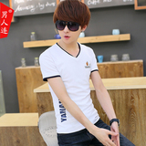 16夏季男士短袖T恤青少年韩版V领印花白色半袖纯棉体恤上衣服男装