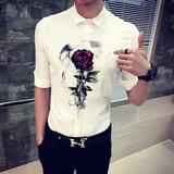 2016新款玫瑰印花3D时尚韩版 七分袖衬衣  男装个性中袖修身衬衫