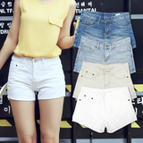A＋B2016夏季韩版白色牛仔短裤女大码宽松高腰A字超短裤薄款热裤
