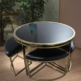 餐桌椅组合简约现代咖啡不锈钢钢化玻璃酒店整装圆形带凳桌子