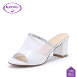 哈森/Harson 夏季新款通勤羊皮水钻网纱女鞋 粗跟凉鞋HM51423