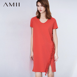Amii[极简主义]2016夏新款大码短袖气质修身显瘦性感中长款连衣裙