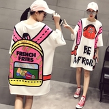 2016夏季新款韩版字母动漫t恤圆领宽松大码短袖中长款体恤女装潮