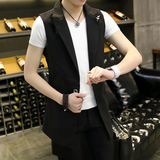 夏季男士韩版无袖风衣中长款纯色西装马甲修身青少年学生小外套潮