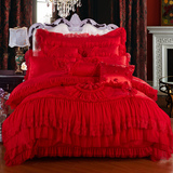 淘水星家纺蕾丝韩版纯棉婚庆四件套大红刺绣欧式结婚1.8m床上用品