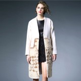 欧美秋冬女k米白色简约宽松大码长款羊羔绒拼接羊毛呢子大衣外套