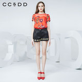 CCDD2016夏装新款女浪漫花朵印花雪纺衬衫欧根纱拼接上衣C52R012
