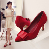 韩版蝴蝶结单鞋女时尚尖头磨砂 套脚羊皮女鞋红色高跟鞋细跟皮鞋