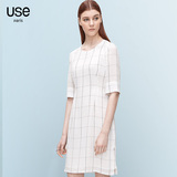 USE2016夏装新款欧美简约雪纺H型五分袖修身格子中腰时尚连衣裙女
