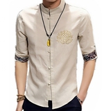 夏季中国风唐装棉麻上衣男中式民族复古亚麻衬衫立领盘扣短袖汉服