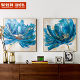 聚奇居良品 客厅书房卧室玄关帆布有框装饰挂画蓝色花朵手绘油画J