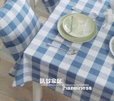 地中海白底蓝格子餐桌布艺 欧式方格子桌布长方形茶几布 椅套套装