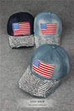 包邮新款韩版潮帽子女士美国国旗带钻秋冬牛仔布棒球帽遮阳鸭舌帽