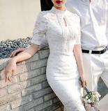 4韩国代购正品cherrykoko夏装白色蕾丝修身包臀连衣裙婚礼半高领