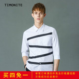 Timonite 夏季潮男七分袖衬衫 英伦修身黑白条纹休闲衬衣半袖男装