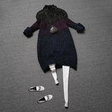 欧洲站2015秋冬装新款中长款针织衫拼色打底衫女士套头毛衣 毛线