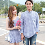 2015夏季新款韩版情侣装夏装修身格子衬衫中长款无袖开衫裙半身裙