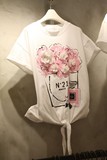 韩国东大门夏季新款香水瓶印花立体花朵钉珠短袖T恤女绑带上衣潮