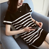 2016韩版新款宽松显瘦短袖圆领条纹中长薄款打底针织衫女T