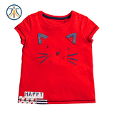 2016夏季新款童装 女童纯棉半袖 中小童红色短袖t恤 猫咪贴布圆领