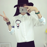 2016秋季韩版学院少女可爱卡通印花白衬衣女中学生长袖衬衫女宽松