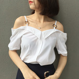 2016韩国新款金属圆环设计翻领V领一字肩露肩吊带宽松显瘦衬衫 女