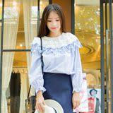 日韩风2016秋季时尚女装甜美蕾丝荷叶边领套头衫显瘦条纹学生上衣