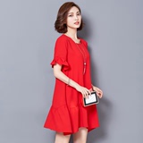 2016夏季新款女装韩国宽松腰大红色连衣裙中长款不规则女士裙子