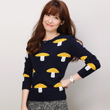 提花可爱蘑菇针织打底衫 2015秋冬季女士羊绒衫 韩版圆领套头毛衣