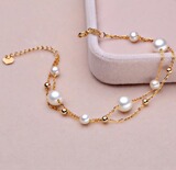【珍珠小佳】18K黄金 天然淡水珍珠手链串 多双层 正品 女白色