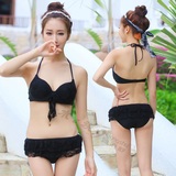 新款分体泳衣女韩国性感黑色蕾丝镂空网罩衫比基尼三件套温泉泳装
