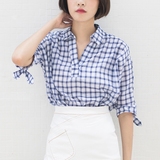 格子棉麻衬衫女夏季韩范2016新款学生中袖蓝色衬衣蝙蝠袖宽松上衣