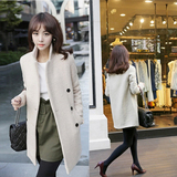 韩国代购2014秋冬款女装奶白色粗毛呢外套韩版中长款修身呢子大衣