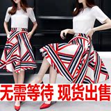 2016新款韩版套装裙 雪纺短袖V领大摆裙显瘦两件套连衣裙中长款夏