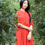 【红尘怅归人】春中式复古文艺范百搭纯色立领七分袖棉麻连衣裙