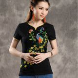 中国风女装2015夏装民族风刺绣花修身打底衫上衣V领短袖T恤女大码