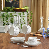 欧式骨瓷餐饮具多款式简约杯子白色金边陶瓷咖啡杯碟4套装送杯架