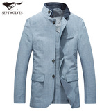 七匹狼夹克男士青年亚麻商务休闲外套立领jacket修身纯色正品男装