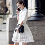 2016夏装新款白色蕾丝镂空衬衫连衣裙修身显瘦A字裙中长款裙子女