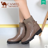 Camel/骆驼女鞋 时尚新款中筒靴 牛皮弹力布圆头高跟拉链休闲女靴