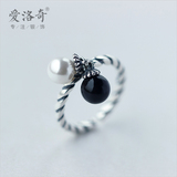 爱洛奇 925银戒指女时尚民族风复古泰银甜美黑白珍珠贝珠戒指礼物