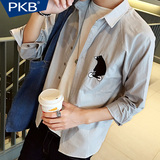 PKB2016春夏季新款青少年纯色长袖衬衫男潮流时尚衣服印花白衬衣