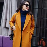 印外2015韩国定制 秋冬女中长款毛呢大衣落肩廓型西装领呢子外套