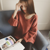 6度欧美2015秋装韩国新款V领宽松版显瘦套头针织衫毛衣女 E10213