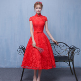敬酒服2016新款中长款红色中式新娘结婚晚礼服蕾丝显瘦时尚连衣裙