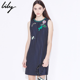 Lily2016夏新款女装OL贴布绣花无袖竖条纹修身连衣裙116220C7538